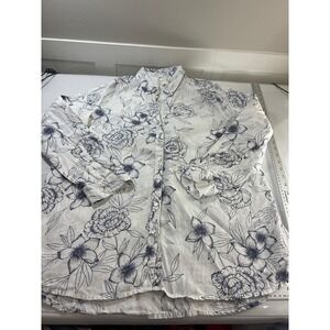Rachel Ashwell Womens Large Linen Button Down Shirt Floral Botanical Navy White